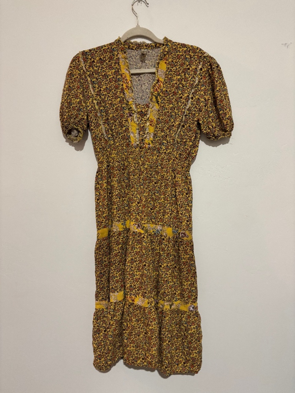 Lapis Yellow Floral Tiered Midi Dress Size Large Boho Cottagecore